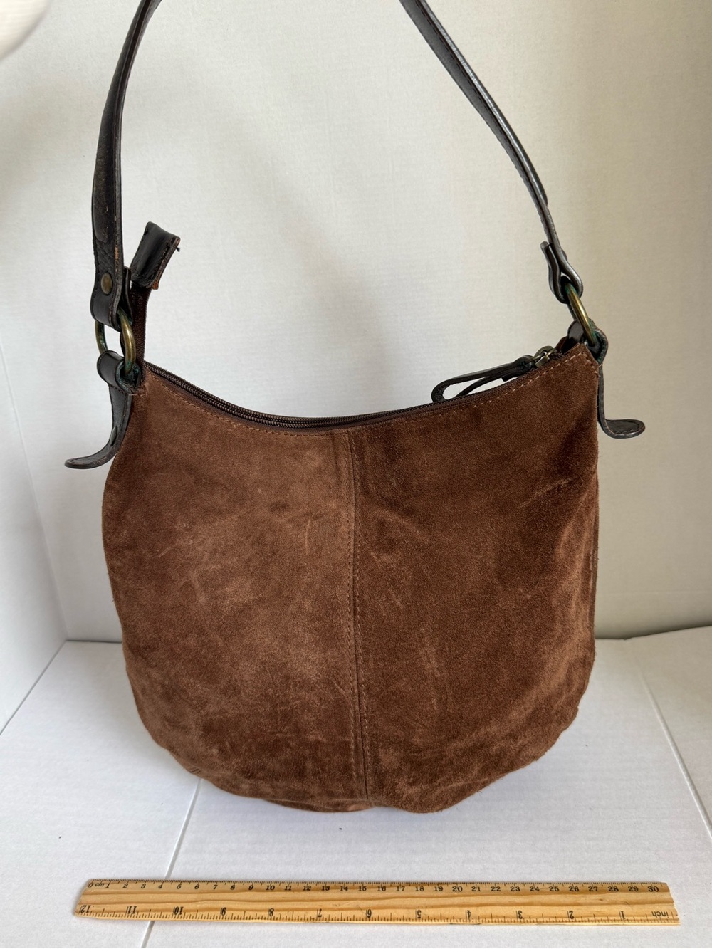 Vintage Italian Leather Classic Brown Suede Shoulder Bag with Dark Leather Strap